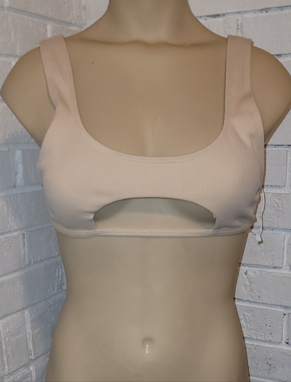 Nwot Ribbed Cut-Out Bralette Bikini Top - Beige/Tan - Size Small